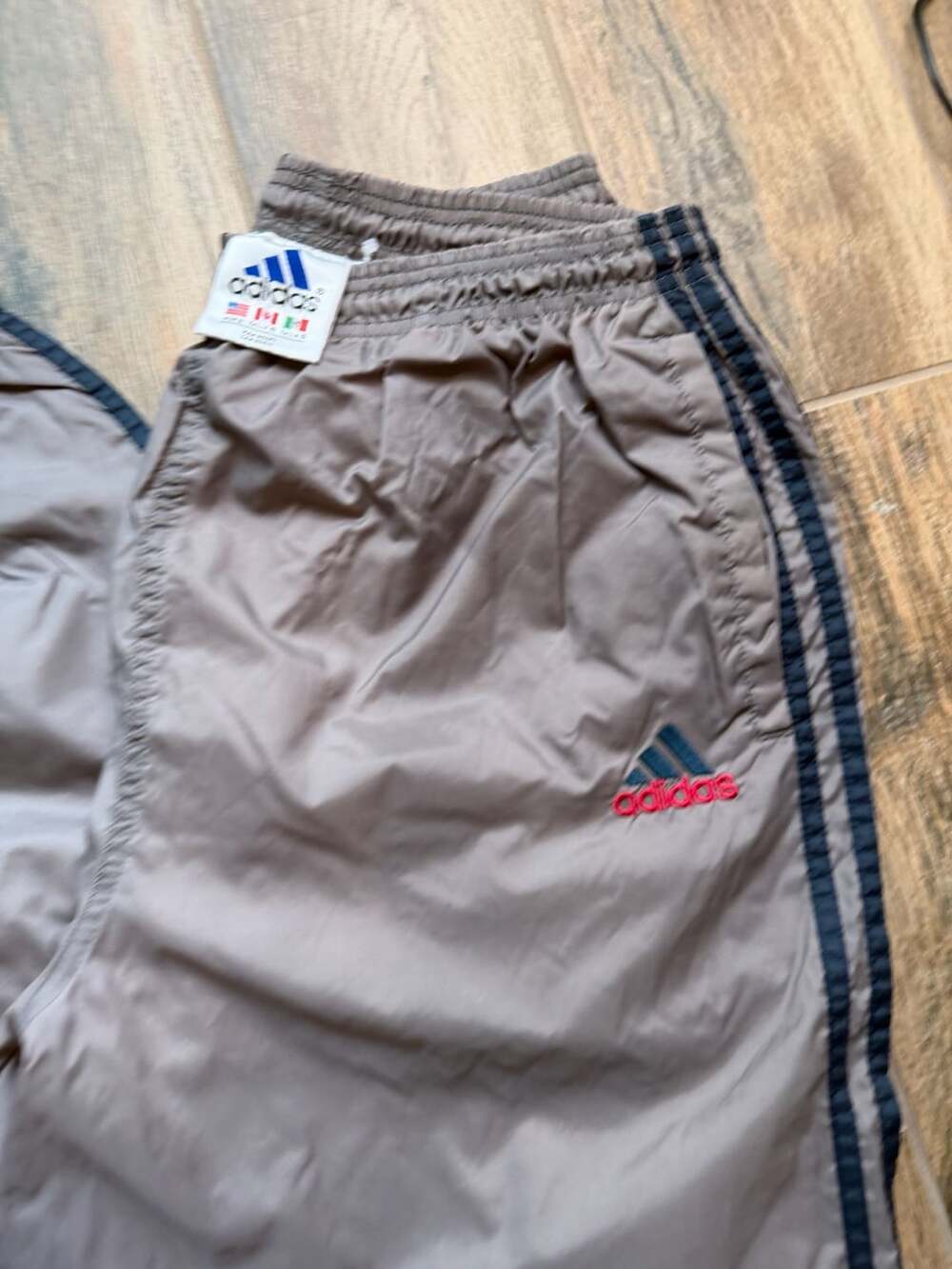 Vintage Adidas Nylon Track Pants Beige Grey 3-Stripes Men Size Large